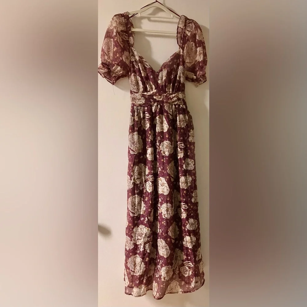 Altar’d State Burgundy & Cream Chiffon Floral Midi Dress by Blue Pepper Size M - Picture 5 of 9